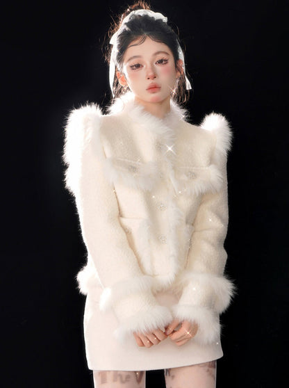 Veste en tweed renard thé abricot fourrure douce neige
