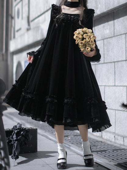 Collar Black Belt Elegant Retro + French Swan Ribbon Dress Square + Velvet