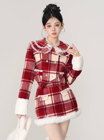Veste à carreaux rétro avec col en dentelle française et jupe double à carreaux en fourrure