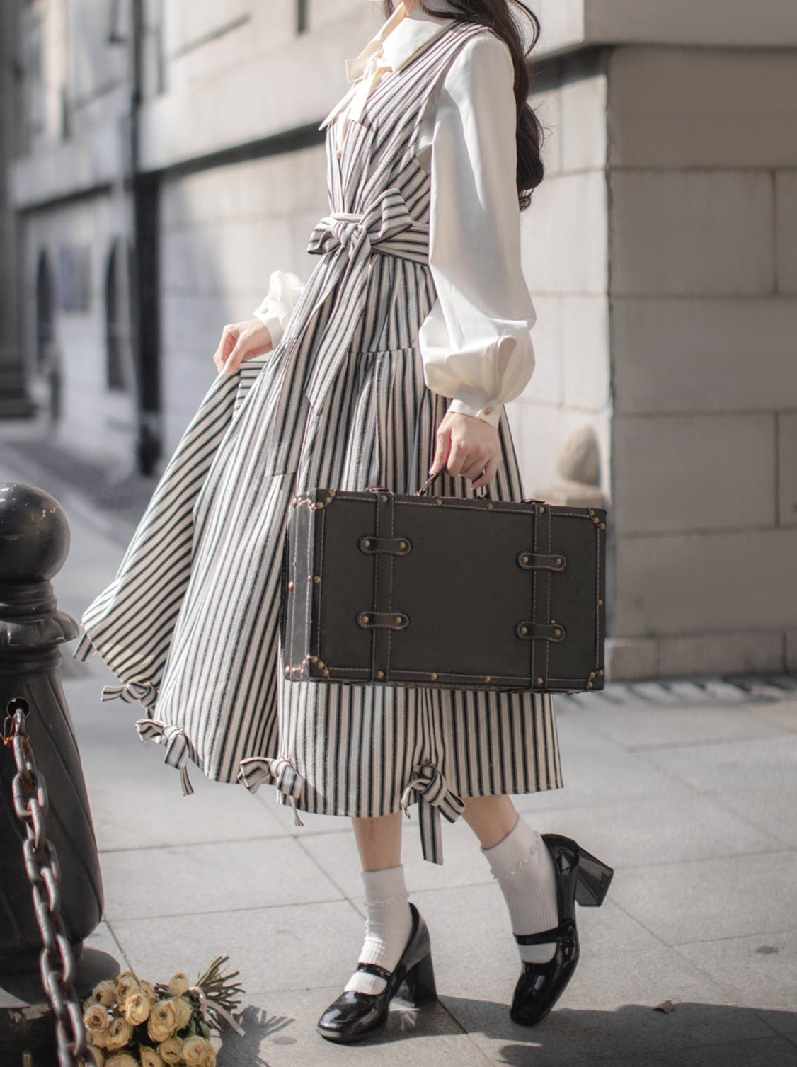 Dress Ribbon Ribbon Shirt Retro French V-Neck Striped