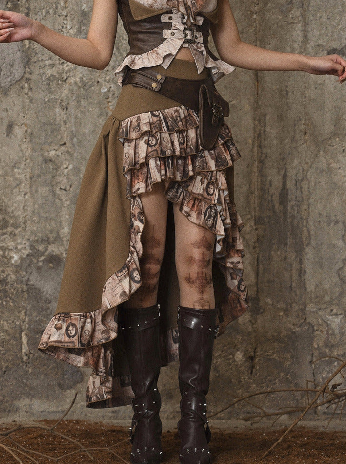 Sac à volants, jupe traînante en PU, taille steampunk, style antique rétro