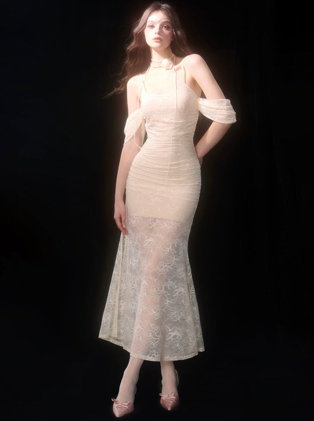 Lace Sheer Dress Apricot Long