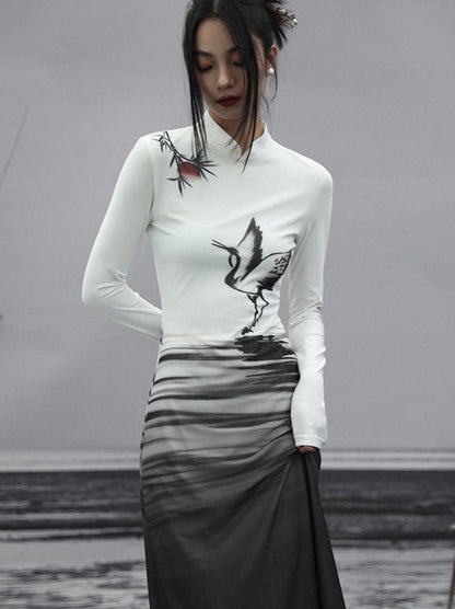 Long Dress Painting Knit Slim China Print Ink