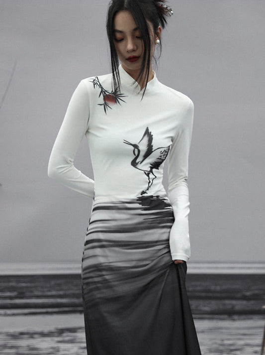 Long Dress Painting Knit Slim China Print Ink