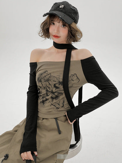 Top Slim One-line Scarf Off-the-shoulder Print Butterfly