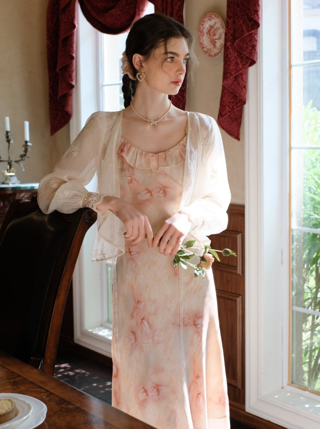 Long Suspender Dress Flower Blouse Cardigan + Sheer