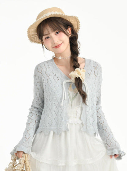 Fairy Style Openwork Knit Cardigan + Camisole Top + Long Cake Skirt