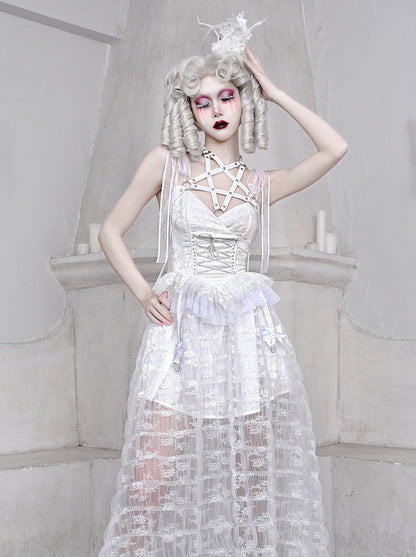 Mesh Schlafen Pentagramm Gothic Spitze Hosenträger Weiß Alice Dunkles Kleid