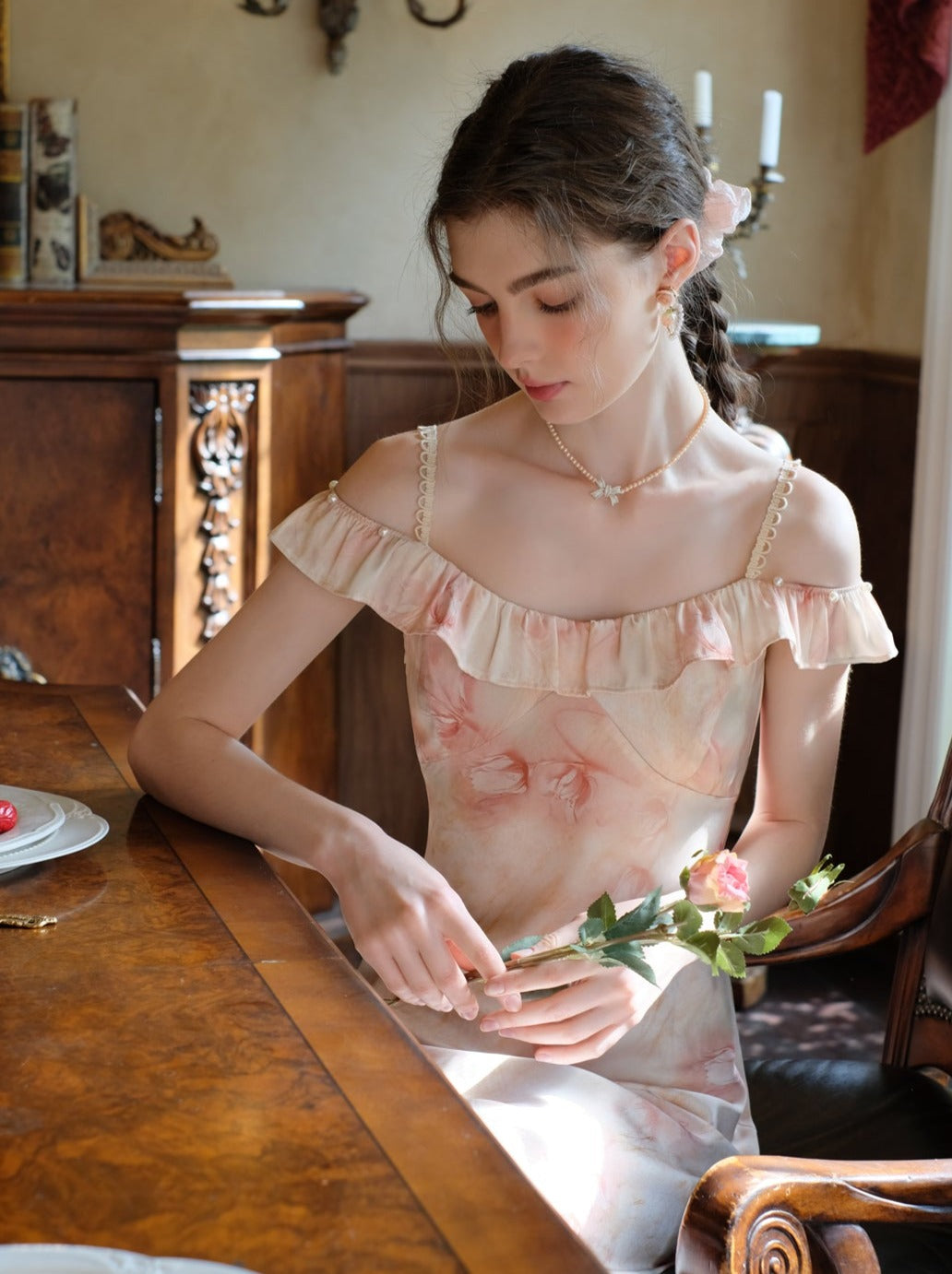 Long Suspender Dress Flower Blouse Cardigan + Sheer