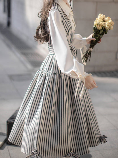 Ribbon French V-Neck + Shirt Dress Retro Striped Ribbon
