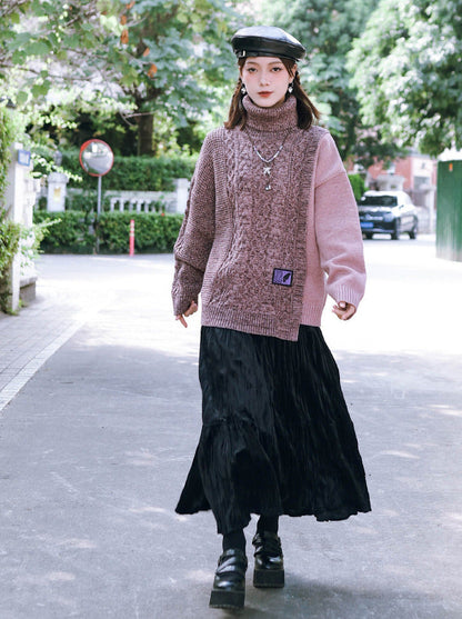 ルーズニットタートルネックブロックカラー