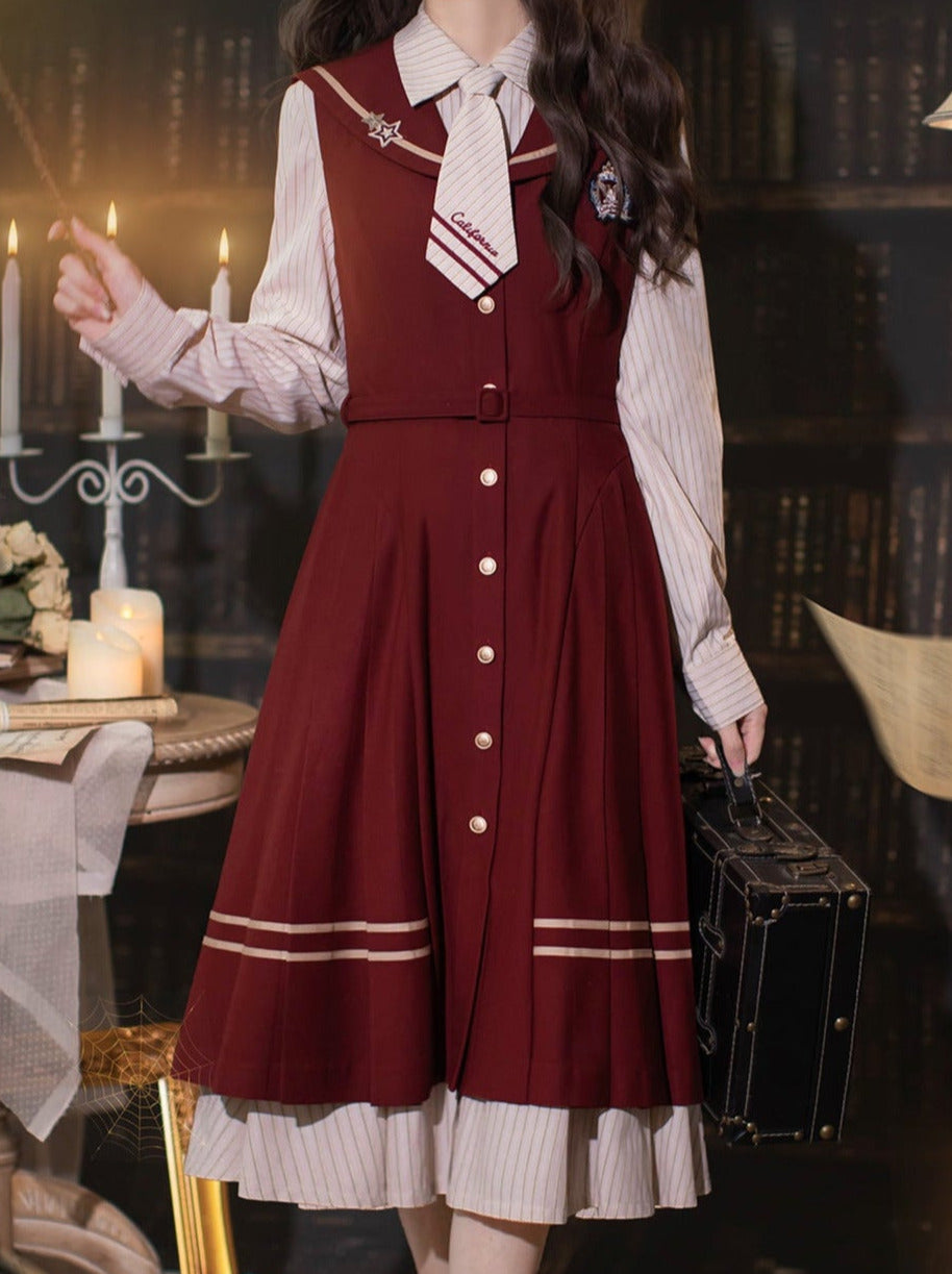 Shirt Dress Color + Tie Pleated Navy Suit Striped Badge Retro Magic Dress Academy