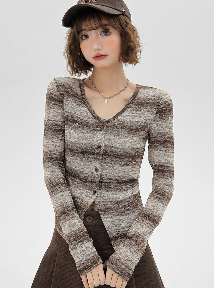 American Retro Knit Striped Cardigan Gradient