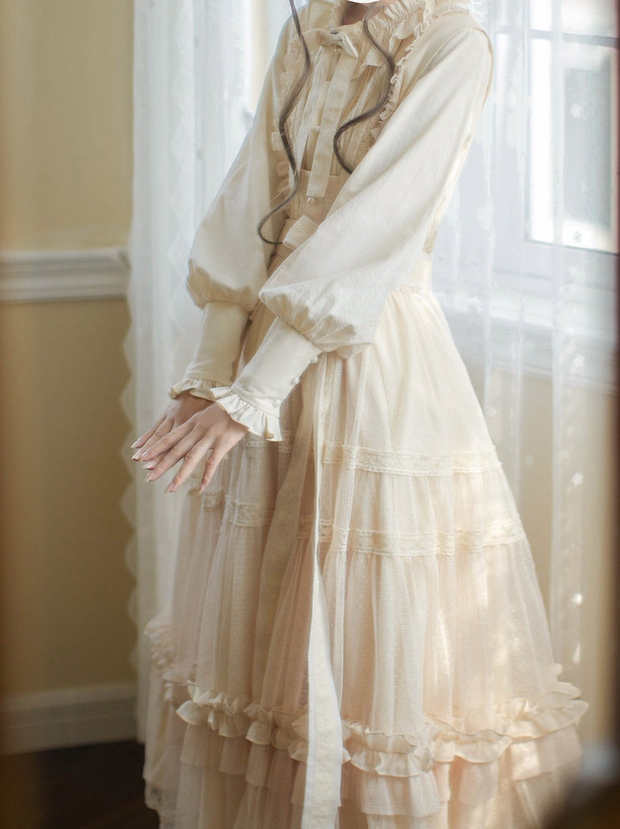 Haut à pois taille haute Lolita à volants et ruban, robe d'été légère, élégante et douce avec ruban en dentelle