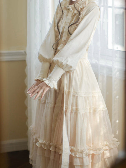 Haut à pois taille haute Lolita à volants et ruban, robe d'été légère, élégante et douce avec ruban en dentelle