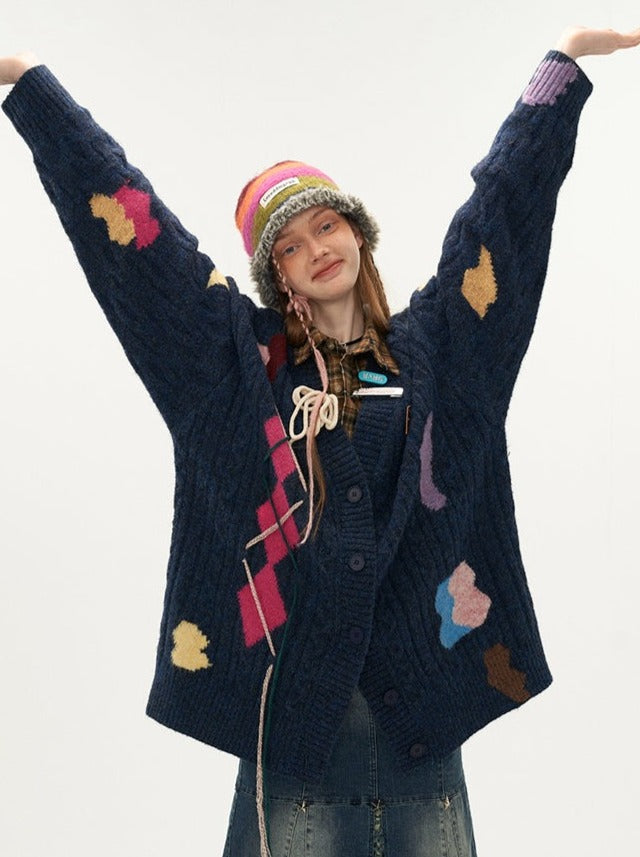 Asymmetrical Knit Over Design Cardigan Retro Colorful
