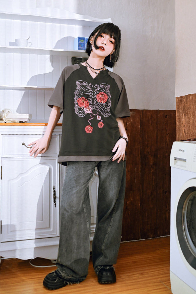 Bone Flower Bicolor Raglan Top V-Neck