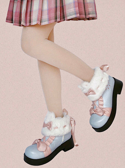 Boots Snow Mid Velvet Color Lolita Block Short Ribbon Heel Sweet