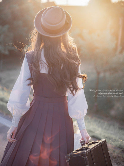 Collar Corsage Dress Retro Shirt Vest Cardigan Stand Knit Ruffle Sleeve + Japanese Ribbon
