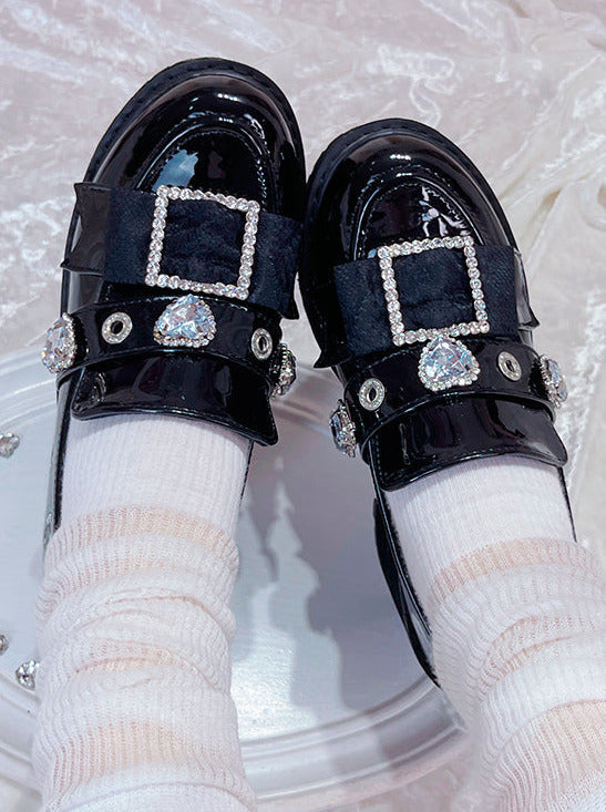 Enamel Platform Shoes Matte Toe Jewel Pointed Black Black Loafer