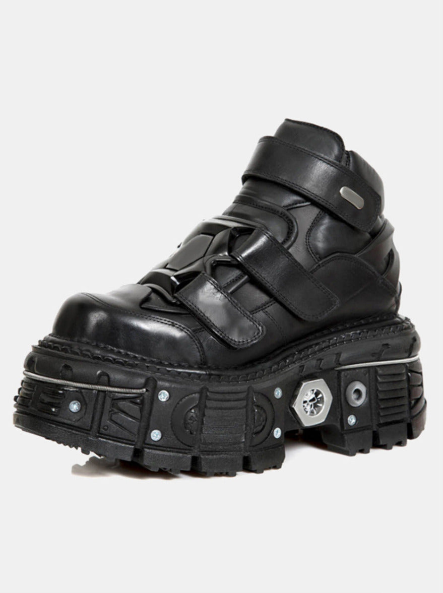Metal Leather High Platform Plain with Punk Chain Shoes Dark Style Top