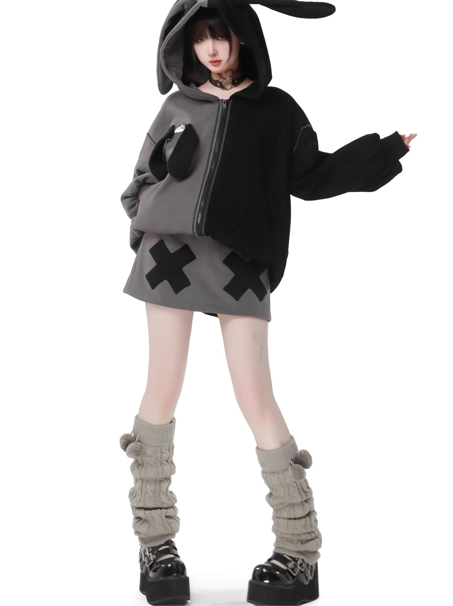 Rabbit Ear Contrast Zip Parker Pants Skirt