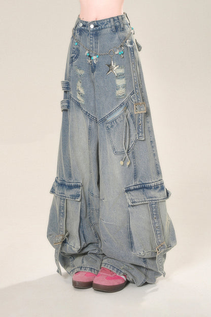 street high wide Rip denim pants