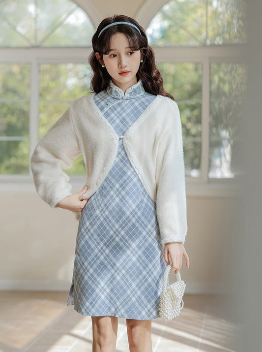 Check China + Short Knit Cardigan Dress Girly Retro