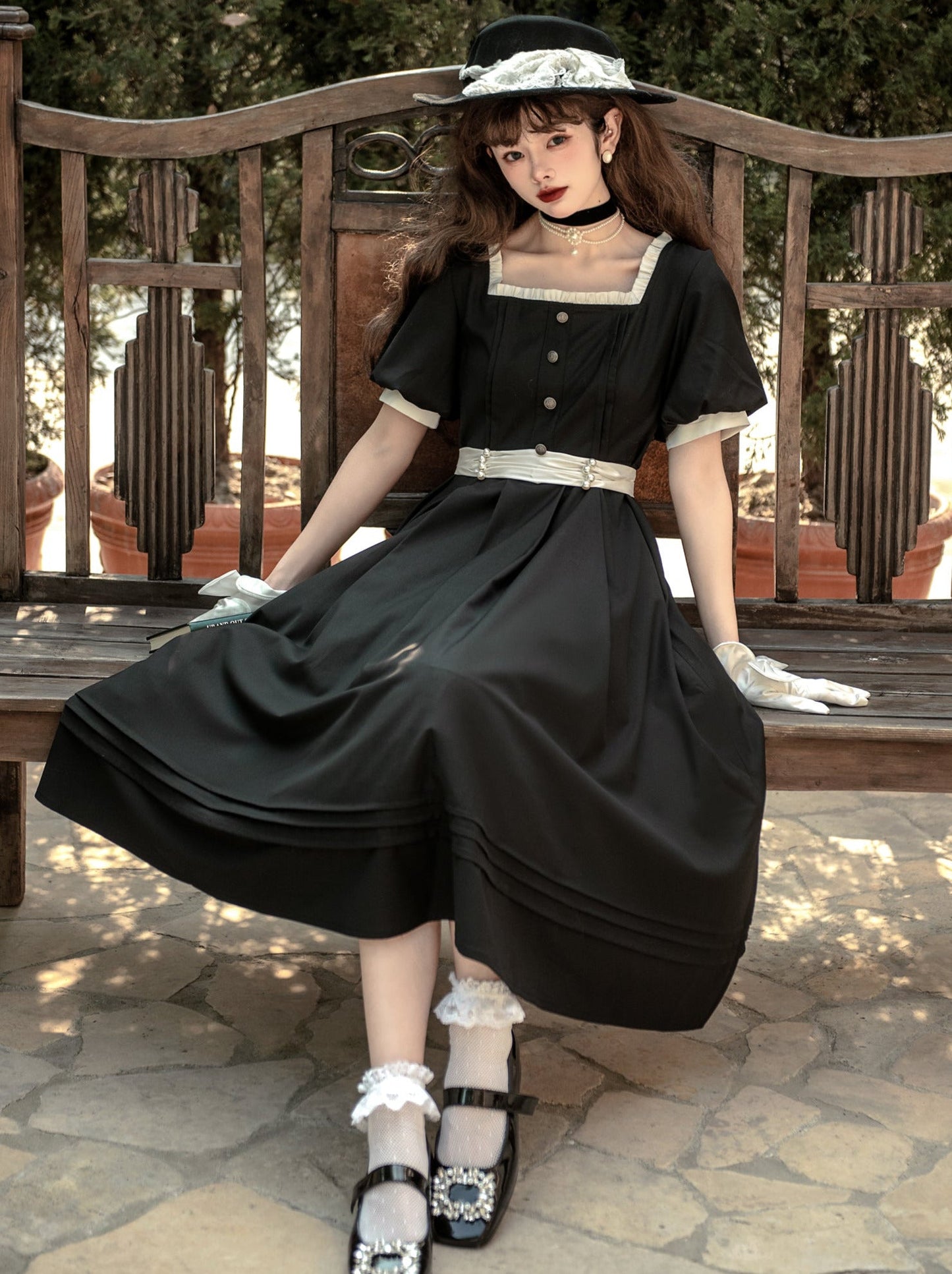 Square Black Pearl Waist Necklace French Collar Dress Black Ribbon Catsuit Retro