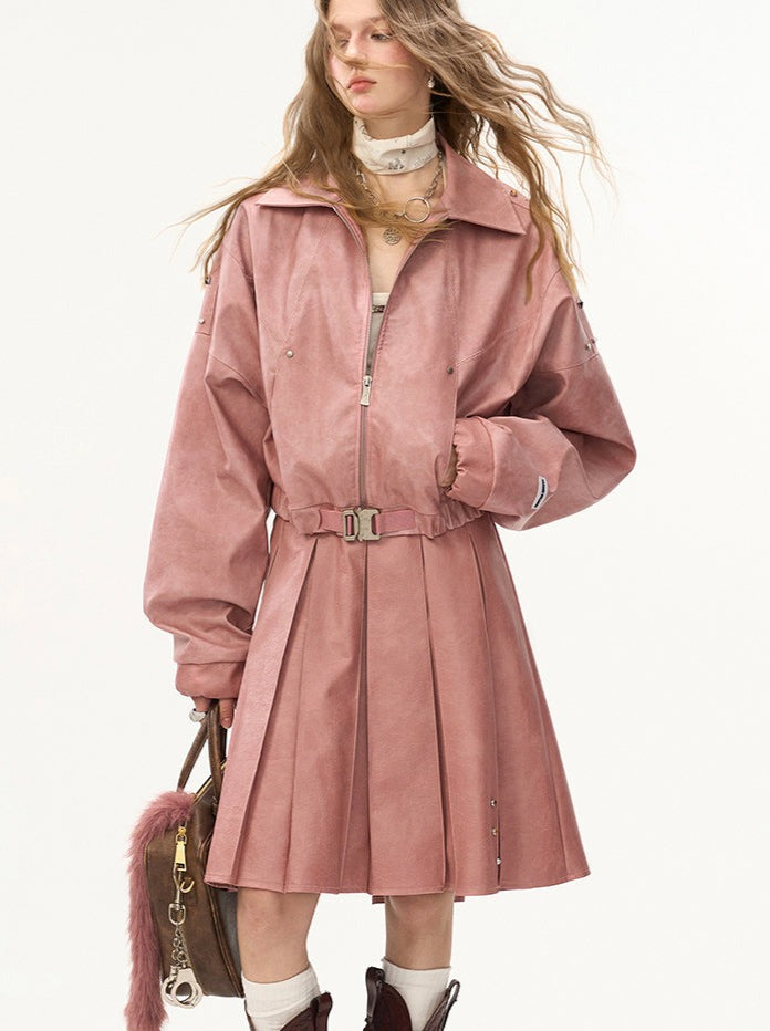 Veste en cuir mode endommagée + jupe moyenne + manteau en cuir avec ceinture
