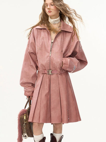 Veste en cuir mode endommagée + jupe moyenne + manteau en cuir avec ceinture