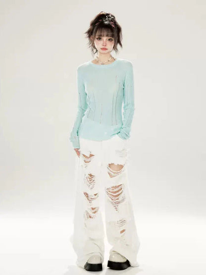 Slim Neck Ground Rippin Knit Irregular Top Summer