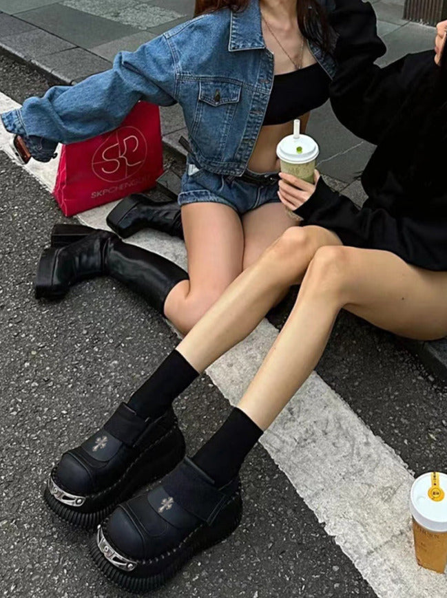 Platform Metal Velcro Shoes Punk Leather Cross