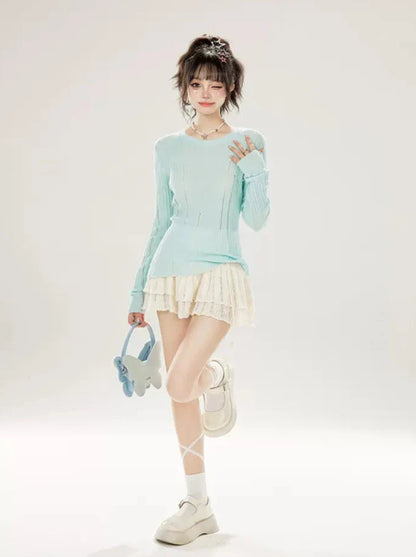 Slim Neck Ground Rippin Knit Irregular Top Summer