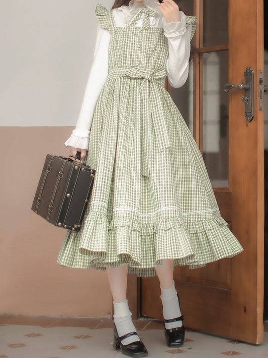 Ensemble robe verte + chemise à carreaux sur les épaules + col à volants, volants forestiers, ruban français