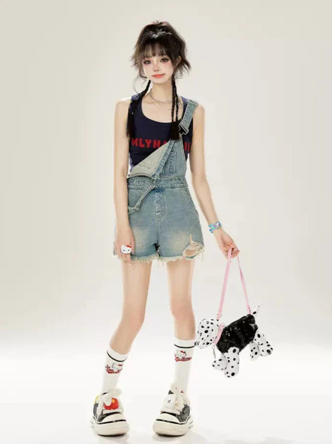 Damaged Washed Denim Shorts Overalls