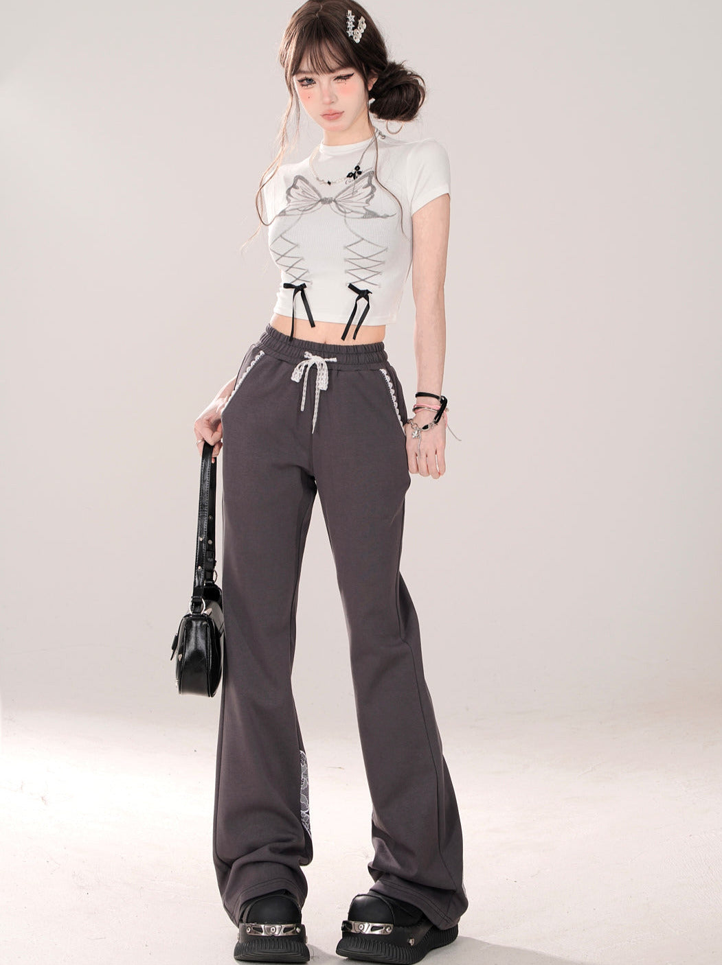 Niche Lace Design Casual Gray Ribbon Pants