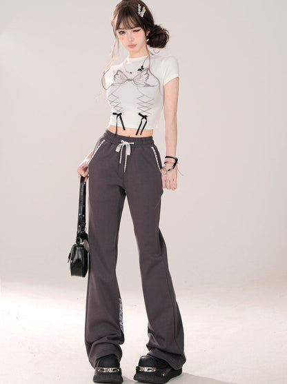 Niche Lace Design Casual Gray Ribbon Pants