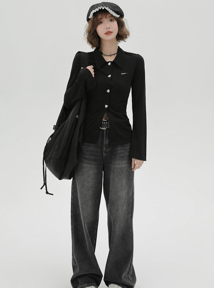 Knit Bell Black Slim Polo Collar Cardigan Sleeve Retro