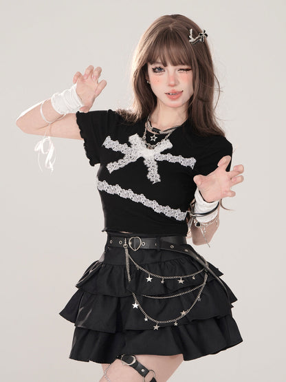 Ribbon Frill Lace T-Shirt Slim Short