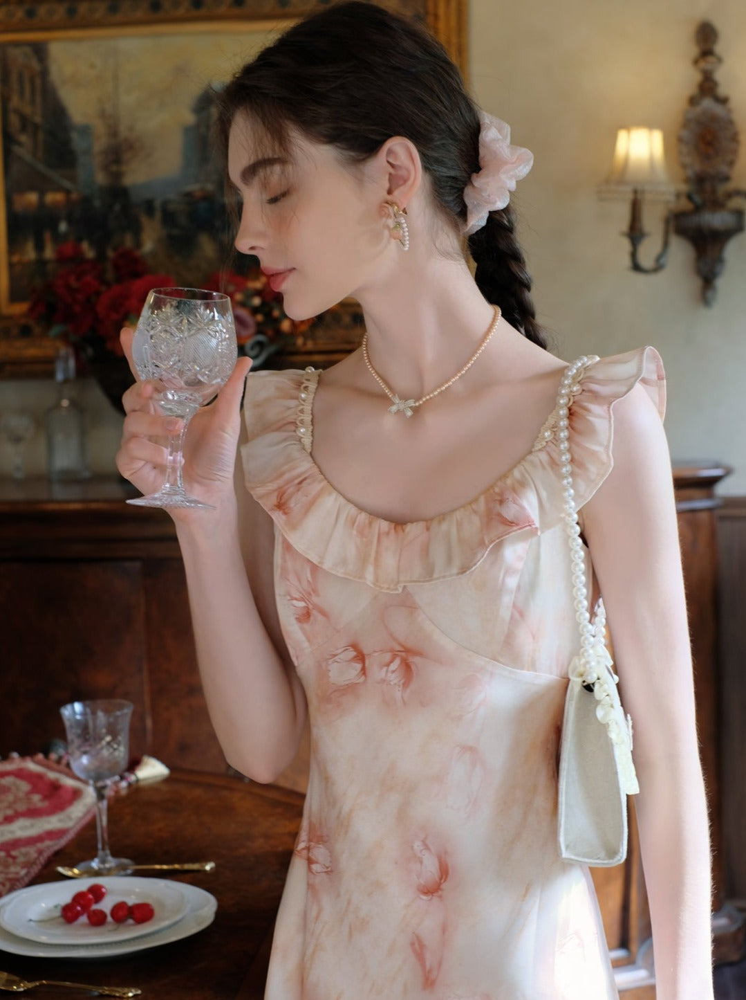 Long Suspender Dress Flower Blouse Cardigan + Sheer
