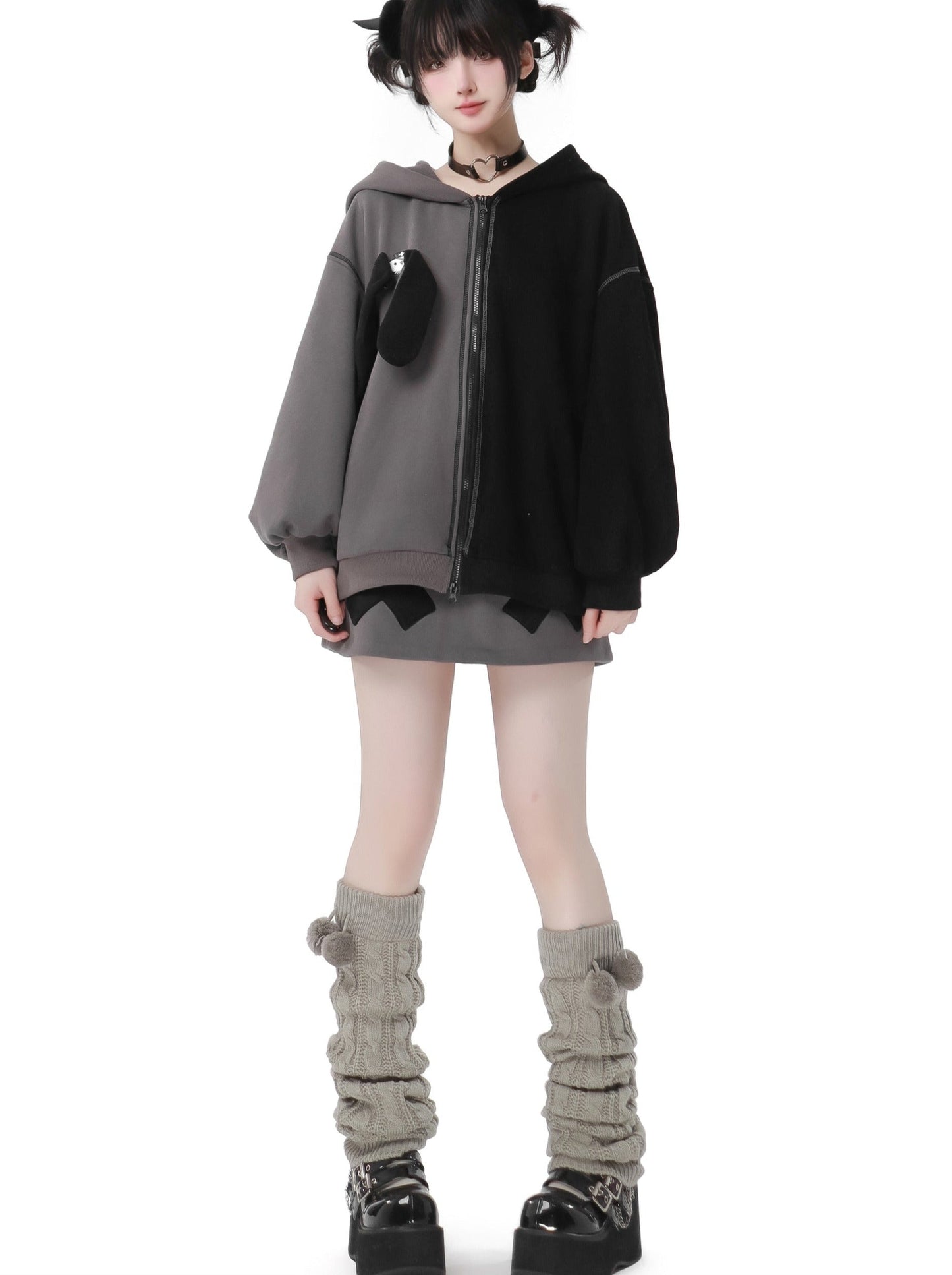 Rabbit Ear Contrast Zip Parker Pants Skirt