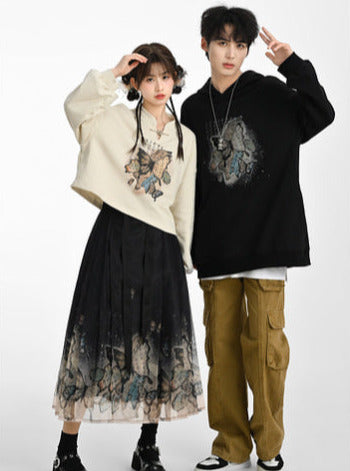 China Sweatshirt Zip + Black Parka Butterfly Dress Design Hoodie Cropped
