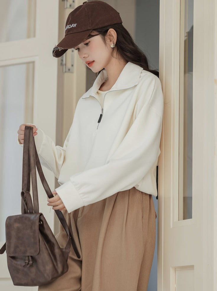 Pullover Zipper Sweatshirt College Style Lapel