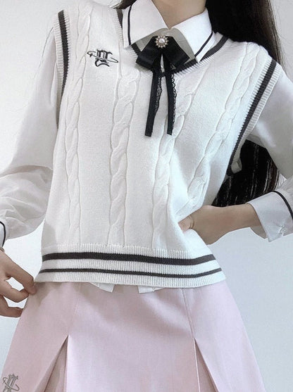 Veste Collège Gilet + Jupe Chemise Box + Slim Plissé Fille Doux Style Ruban