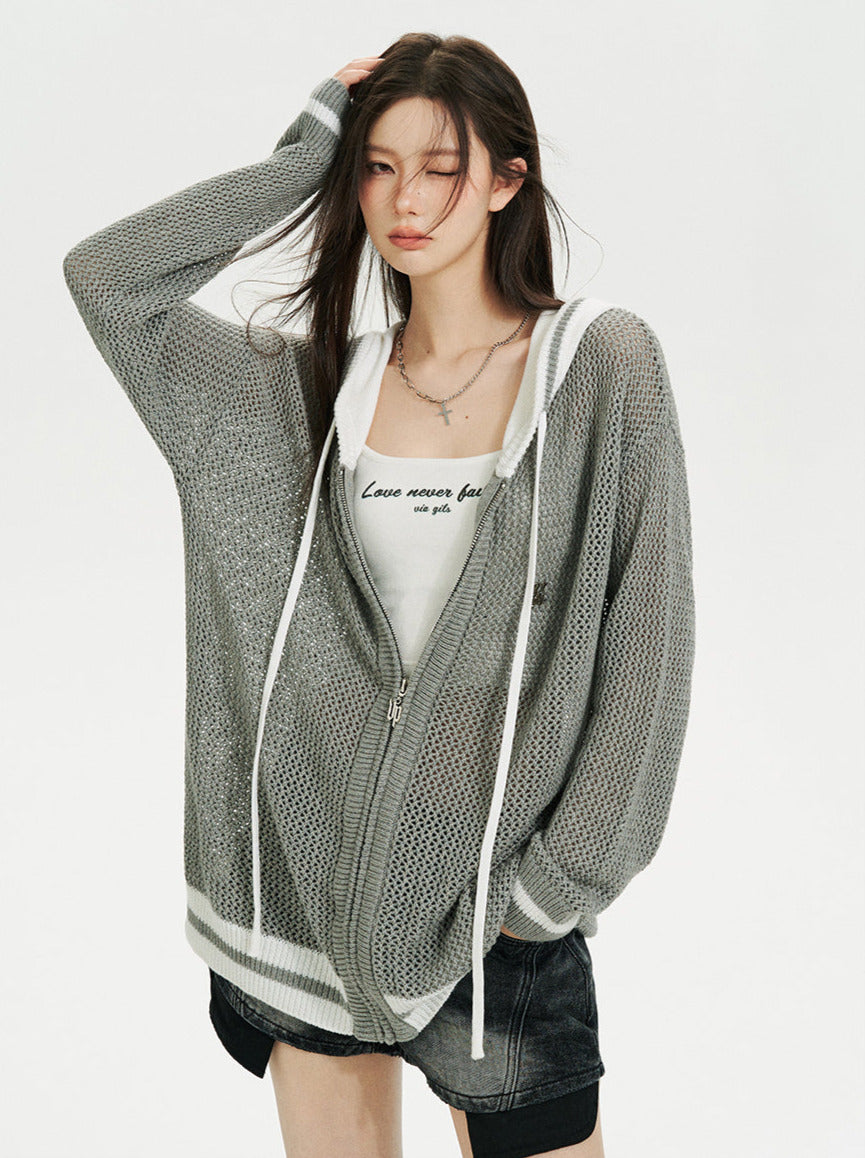 Sheer Zip Mesh Knit Short/Long Hoodie