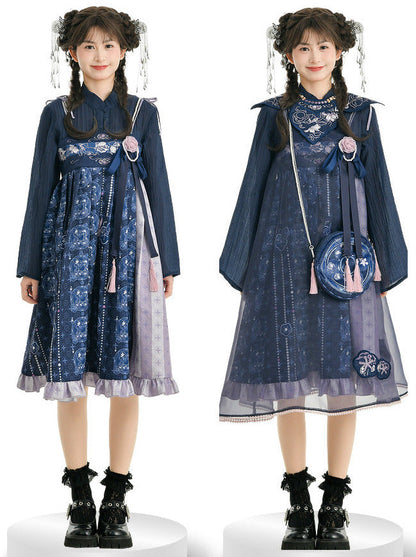Bell-sleeved Shirt + Shoulder Tulle Bag Skirt Layered Set-up Ribbon Dress Chinese