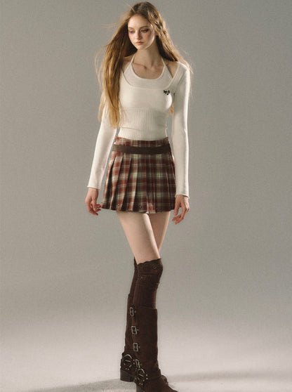 Dark Check Mode College Pleated Skirt