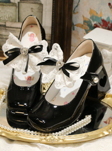 Chaussures élégantes à talons carrés en dentelle et ruban, bout pointu, Lolita Love
