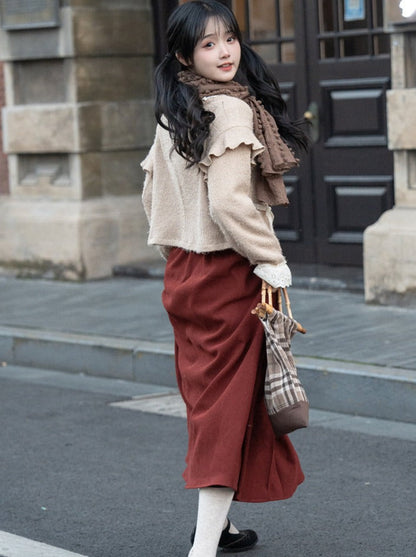 Skirt Long Cardigan Retro Cream Pleated